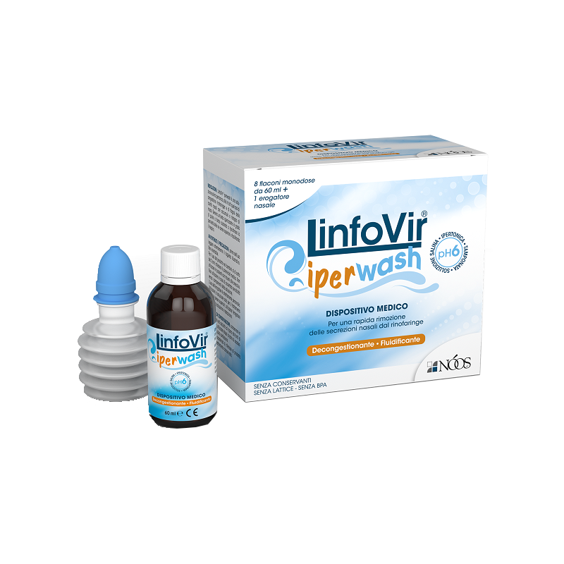 Noos Linfovir Iperwash Soluzione Salina Ipertonica Tamponata 8 Flaconi Da 60 Ml + 1 Erogatore Nasale