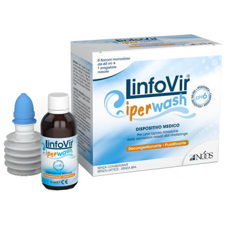 Noos Linfovir Iperwash Soluzione Salina Ipertonica Tamponata 8 Flaconi Da 60 Ml + 1 Erogatore Nasale