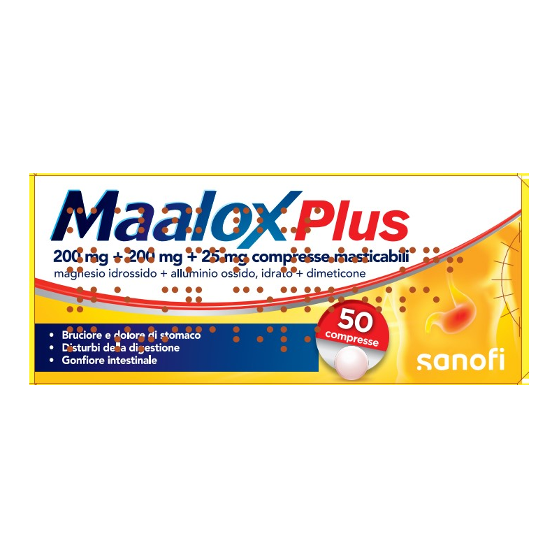 Maalox Plus 200 Mg + 200 Mg + 25 Mg 50 Compresse Masticabili per reflusso gastro-esofageo