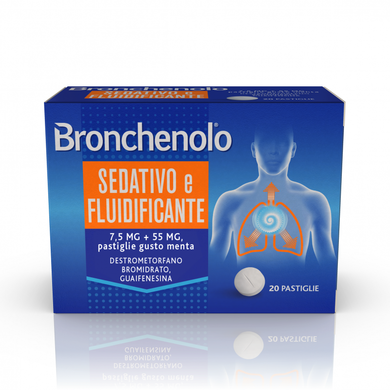 Perrigo Italia Bronchenolo Sedativo E Fluidificante, 7,5 Mg + 55 Mg, Pastiglie Gusto Menta  Destrometorfano Bromidrato, Guaifene