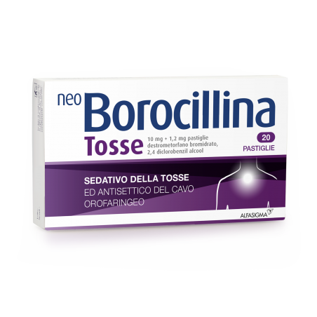 Alfasigma Neo Borocillina Tosse 10 Mg + 1,2 Mg Pastiglie Destrometorfano Bromidrato E 2,4-diclorobenzil Alcool