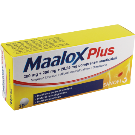 Gmm Farma Maalox Plus 200 Mg + 200 Mg + 26,25 Mg Compresse Masticabili Magnesio Idrossido + Alluminio Ossido, Idrato + Dimeticon