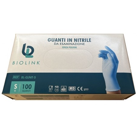 Biolink Guanto Monouso Bl-gunit In Nitrile Blu Non Sterile Senza Polvere Con Bordo Ambidestro Misura Small 100 Pezzi