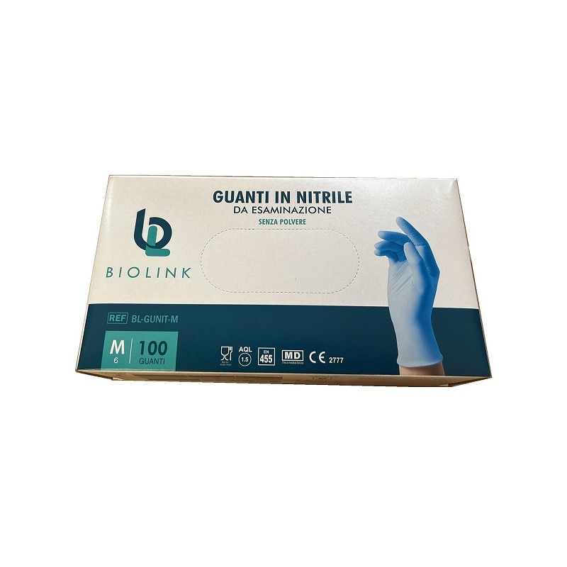 Biolink Guanto Monouso Bl-gunit In Nitrile Blu Non Sterile Senza Polvere Con Bordo Ambidestro Misura Medium 100 Pezzi