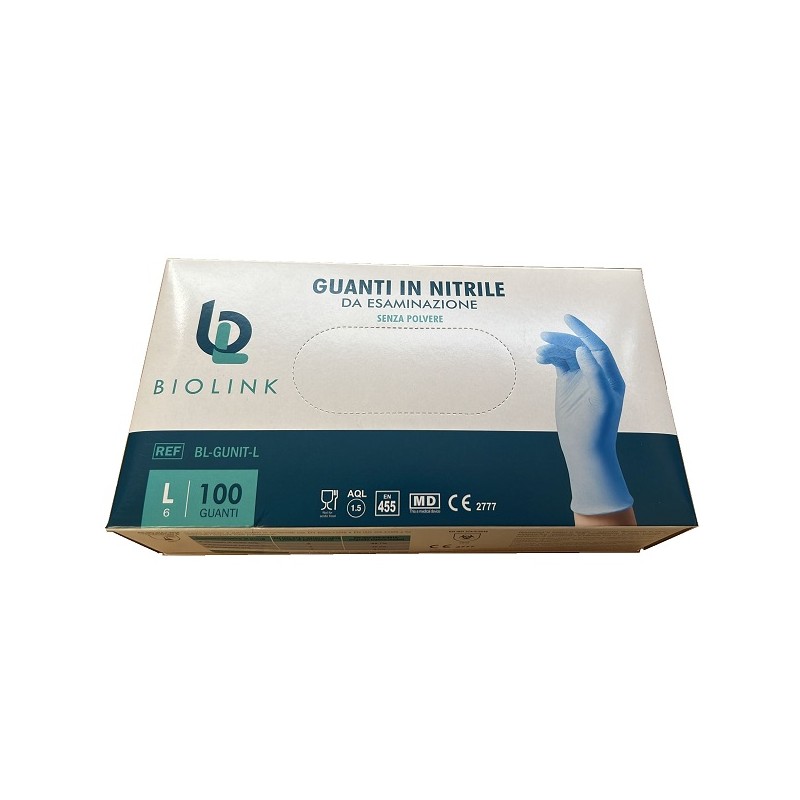 Biolink Guanto Monouso Bl-gunit In Nitrile Blu Non Sterile Senza Polvere Con Bordo Ambidestro Misura Large 100 Pezzi