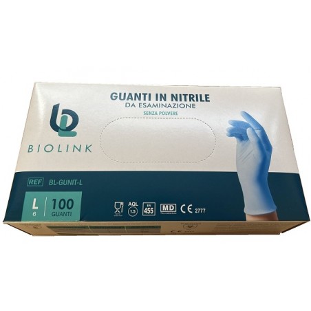 Biolink Guanto Monouso Bl-gunit In Nitrile Blu Non Sterile Senza Polvere Con Bordo Ambidestro Misura Large 100 Pezzi