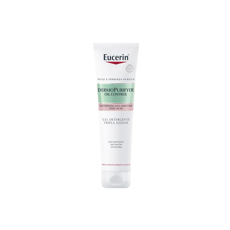 confezione da 150 ml eucerin Dermopurifyer Gel Detergente Tripla Azione anti-macchie e anti-imperfezioni