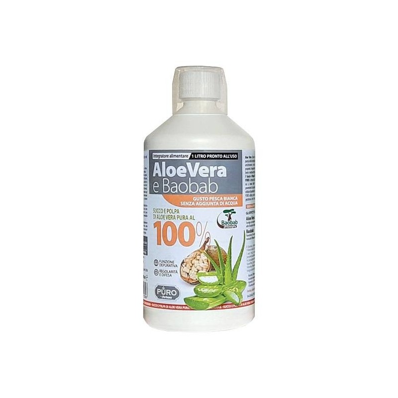 Uragme Puro Aloe Vera Succo E Polpa 100% + Baobab Pesca Bianca 1 Litro