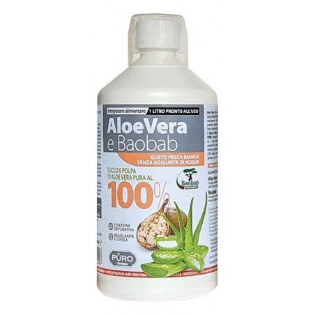 Uragme Puro Aloe Vera Succo E Polpa 100% + Baobab Pesca Bianca 1 Litro