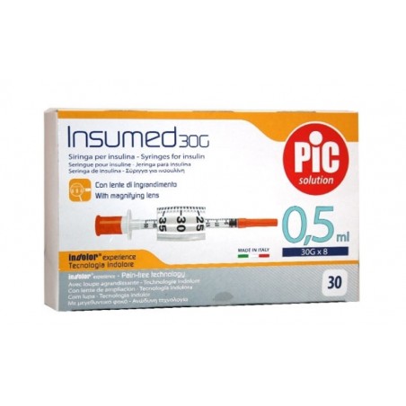 Pikdare Siringa Per Insulina Pic Insumed 0,5 Ml 100 Ui Ago Gauge 30 Lunghezza 8 Mm Senza Spazio Morto 3 Sacchetti Da 10 Pezzi