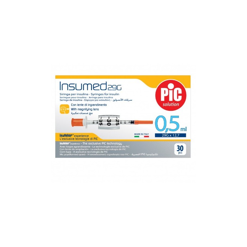 Pikdare Siringa Per Insulina Pic Insumed 0,5 Ml 100 Ui Ago Gauge 29 Lunghezza 12,7 Mm Senza Spazio Morto 3 Sacchetti Da 10 Pezzi