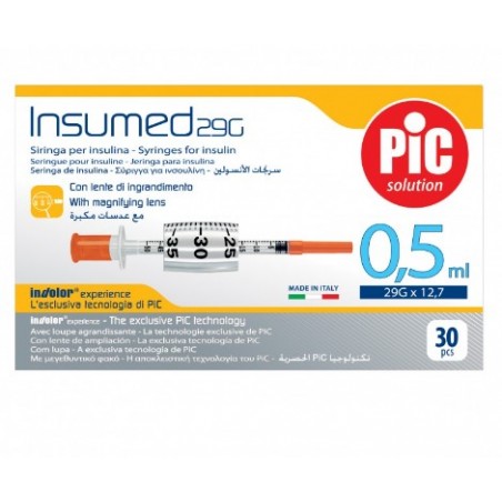 Pikdare Siringa Per Insulina Pic Insumed 0,5 Ml 100 Ui Ago Gauge 29 Lunghezza 12,7 Mm Senza Spazio Morto 3 Sacchetti Da 10 Pezzi