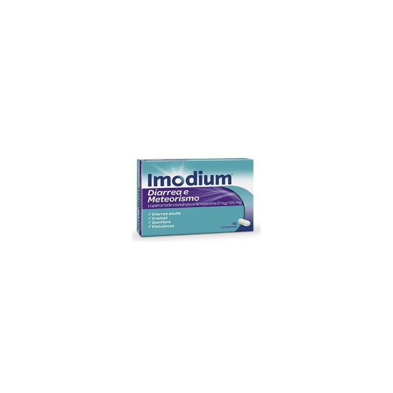 Johnson & Johnson Imodium Diarrea E Meteorismo 2 Mg/125 Mg 12 Compresse Loperamide Cloridrato, Simeticone Medicinale Equivalente