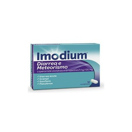 Johnson & Johnson Imodium Diarrea E Meteorismo 2 Mg/125 Mg 12 Compresse Loperamide Cloridrato, Simeticone Medicinale Equivalente