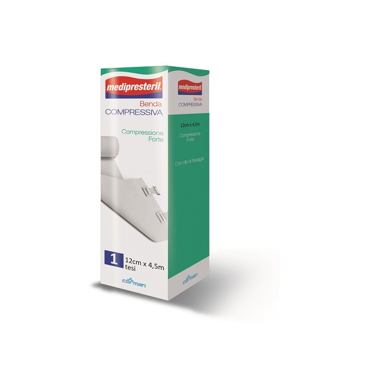 Corman Benda Medipresteril Compressione Forte M4,5x12cm Tesi Con Clip Di Fissaggio