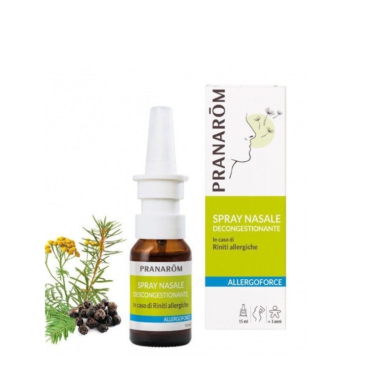 Flacone da 15 ml con nebulizzatore di Pranarom allergoforce spray nasale per rinite allergica