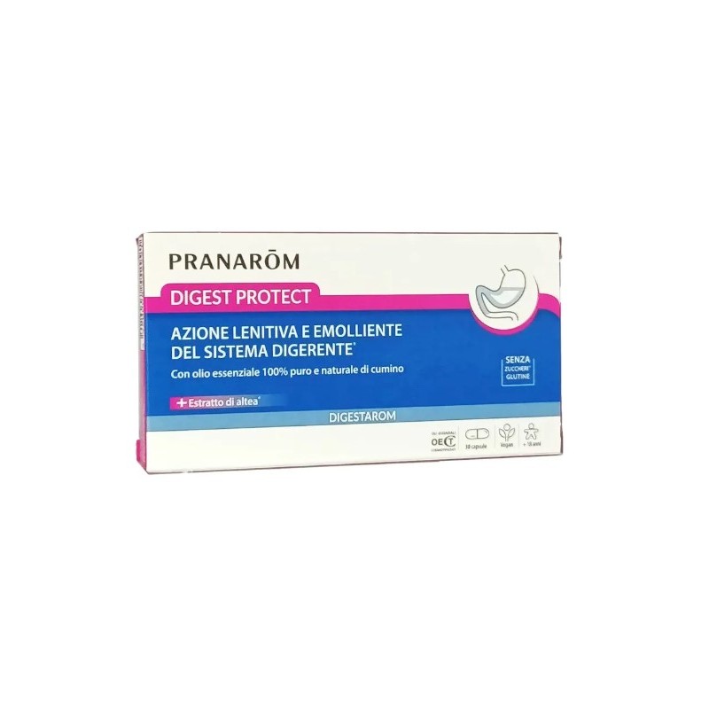 Confezione di Pranarom Digest Protect integratore per cattiva digestione e acidità 30 Capsule