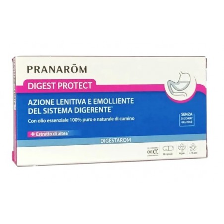 Confezione di Pranarom Digest Protect integratore per cattiva digestione e acidità 30 Capsule