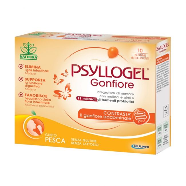 10 Bustine Gusto Pesca da Gonfiore Integratore Intestinale da Psyllogel