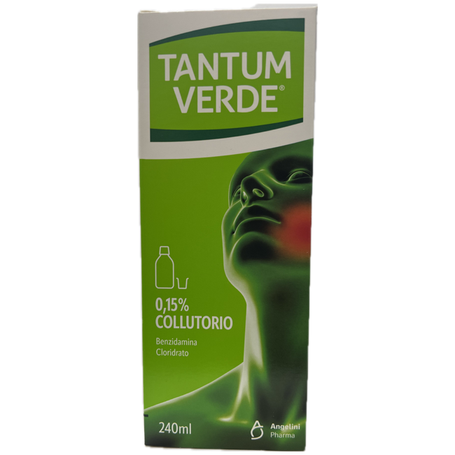 Flacone da 240 ml con tappo dosatore di Tantum Verde Bocca della Angelini Pharma.