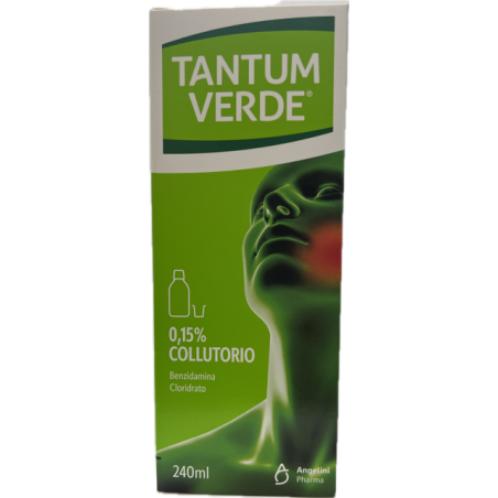 Flacone da 240 ml con tappo dosatore di Tantum Verde Bocca della Angelini Pharma.