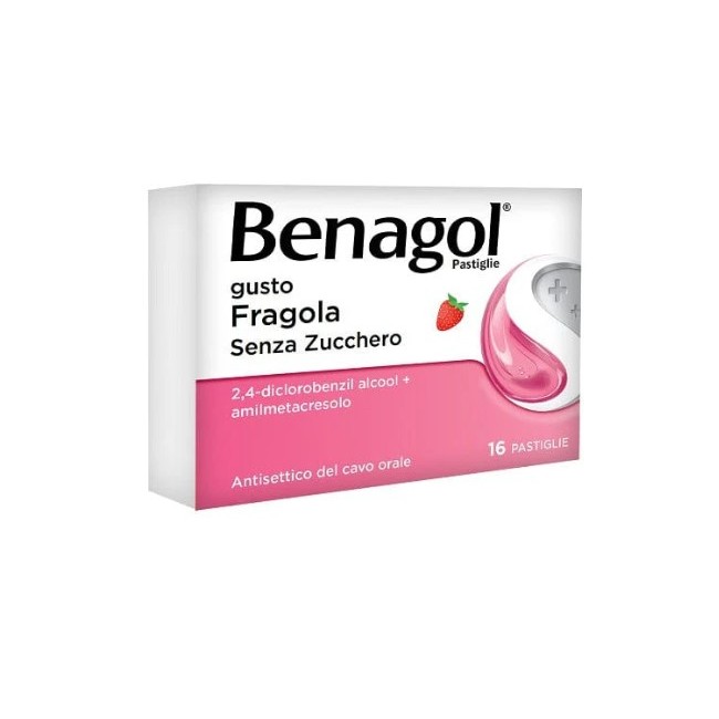 Blister da 16 pastiglie di Benagol gusto fragola senza zucchero della Reckitt Benckiser