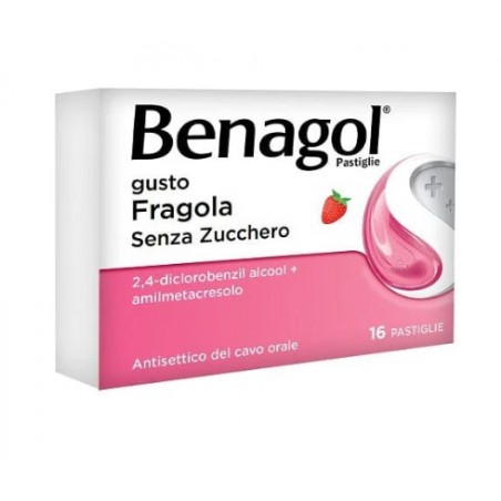 Blister da 16 pastiglie di Benagol gusto fragola senza zucchero della Reckitt Benckiser