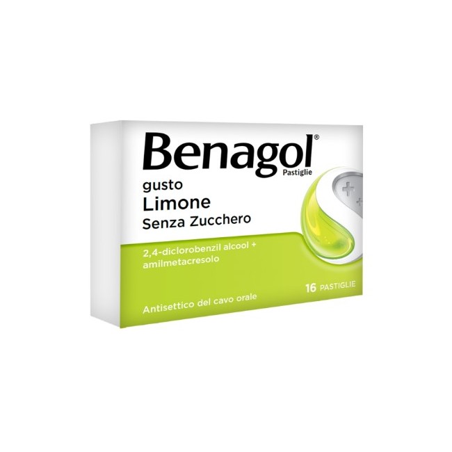 Blister da 16 pastiglie di Benagol gusto limone senza zucchero della Reckitt Benckiser