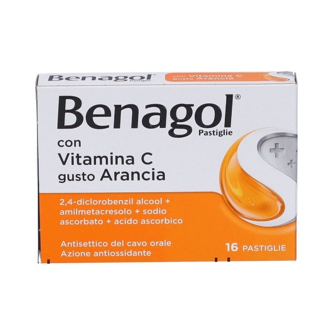 Blister da 16 pastiglie di Benagol gusto arancia con vitamina C della Reckitt Benckiser