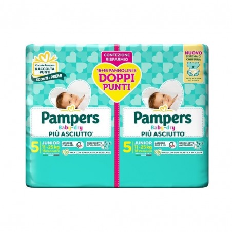 32 pannolini di Pannolini Junior 11-25Kg Doppia Confezione da Pampers Baby Dry