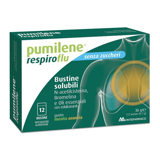 Montefarmaco Pumilene Respiroflu Senza Zucchero 12 Bustine Gusto Menta Arancia 36 G