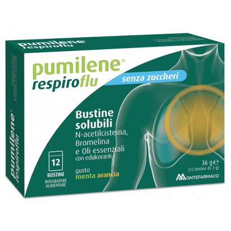 Montefarmaco Pumilene Respiroflu Senza Zucchero 12 Bustine Gusto Menta Arancia 36 G