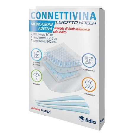 Fidia Farmaceutici Cerotto Connettivina Hitech 4 Misure Miste 2 Pezzi 6 X 7 Cm + 1 Pezzo 10 X 10 Cm + 1 Pezzo 8 X 12 Cm