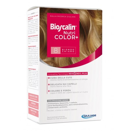 Giuliani Bioscalin Nutricolor Plus 8 Biondo Chiaro Crema Colorante 40 Ml + Rivelatore Crema 60 Ml + Shampoo 12 Ml + Trattamento