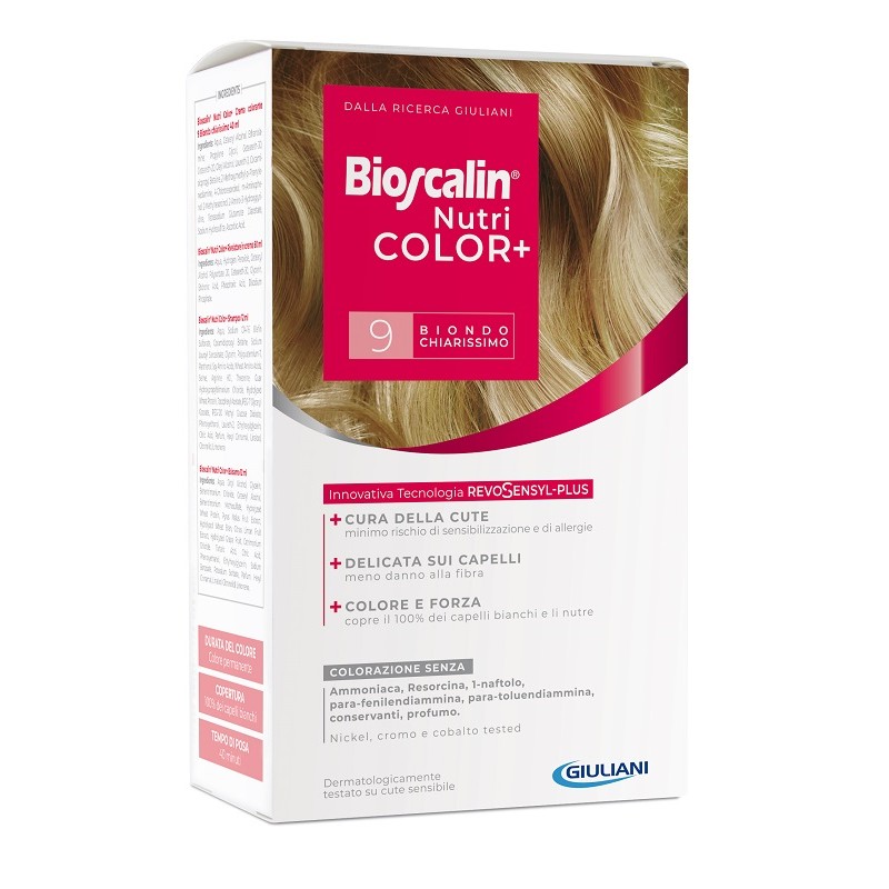 Giuliani Bioscalin Nutricolor Plus 9 Biondo Chiarissimo Crema Colorante 40 Ml + Rivelatore Crema 60 Ml + Shampoo 12 Ml + Trattam