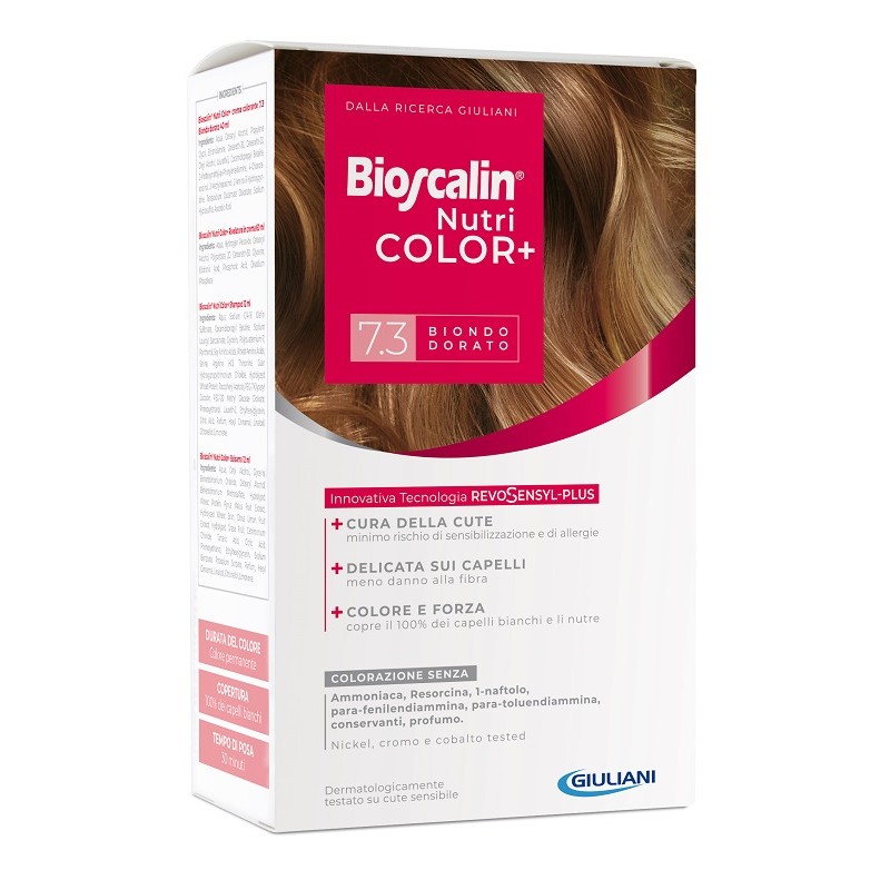 Giuliani Bioscalin Nutricolor Plus 7,3 Biondo Dorato Crema Colorante 40 Ml + Rivelatore Crema 60 Ml + Shampoo 12 Ml + Trattament