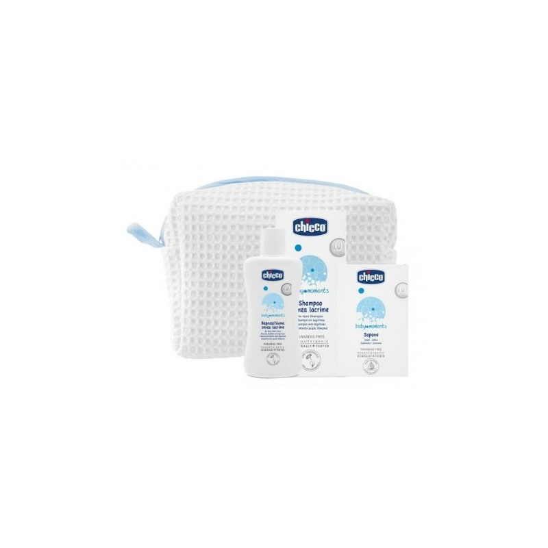 Chicco Baby Moments Beauty Bag Zip Azzurro Bagnoschiuma Pelli Delicate 200 Ml + Shampoo Pelli Delicate 200 Ml + Sapone Solito Pe