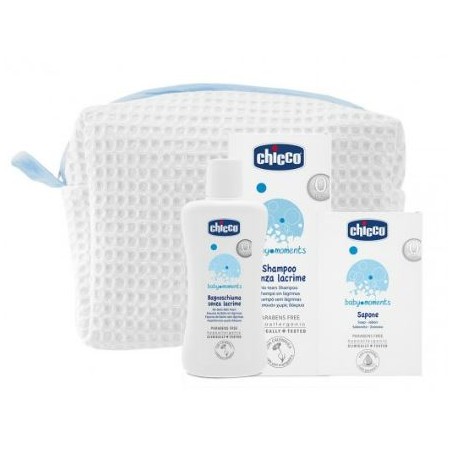 Chicco Baby Moments Beauty Bag Zip Azzurro Bagnoschiuma Pelli Delicate 200 Ml + Shampoo Pelli Delicate 200 Ml + Sapone Solito Pe