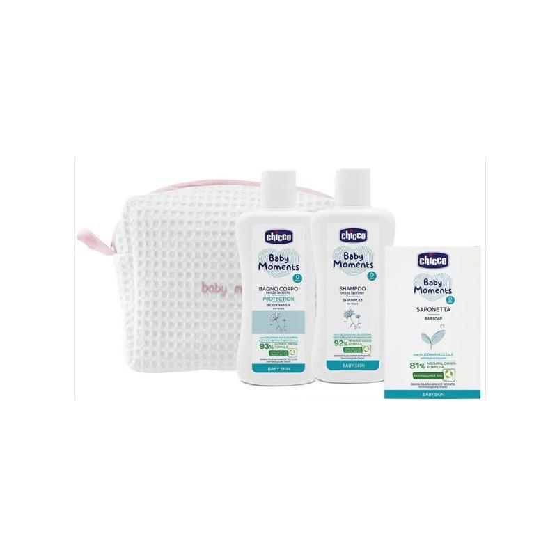 Chicco Baby Moments Beauty Bag W Zip Rosa Bagnoschiuma Pelli Delicate 200 Ml + Shampoo Pelli Delicate 200 Ml + Sapone Solido Pel