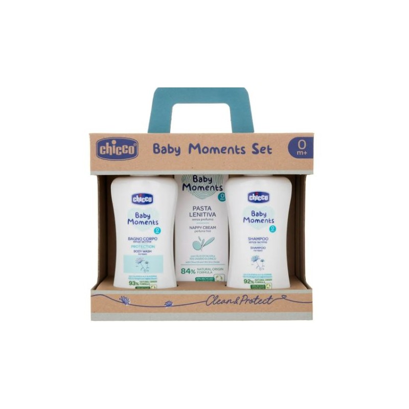 Chicco Baby Moments Set Bagnochiuma Pelli Delicate 200 Ml + Shampoo Pelli Delicate 200 Ml + Pasta Cambio Pelli Delicate 100 Ml