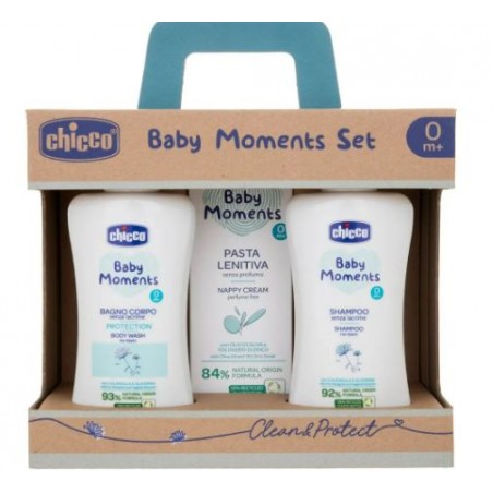 Chicco Baby Moments Set Bagnochiuma Pelli Delicate 200 Ml + Shampoo Pelli Delicate 200 Ml + Pasta Cambio Pelli Delicate 100 Ml