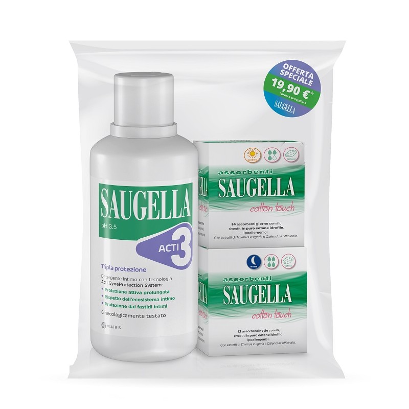 Meda Pharma Saugella Acti3 Detergente Intimo + 2 Scatole Assorbenti Giorno E Notte