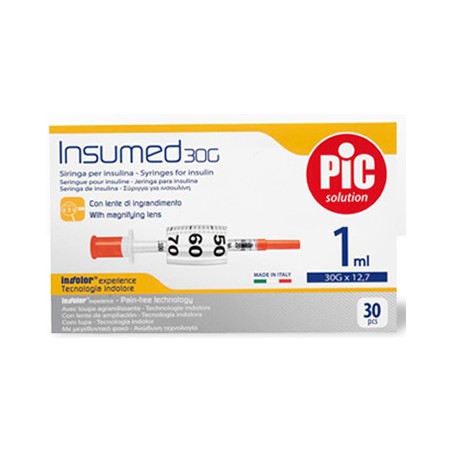 Pikdare Siringa Insulina Pic Insumed 1 Ml 100 Ui Ago Gauge 30 12,7 Mm Senza Spazio Morto 30 Pezzi